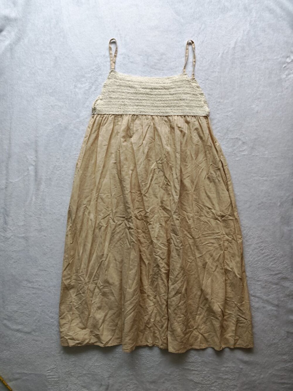 ZARA Beige Cotton Linen Midi Dress Size L Smocked Bodice Pockets Coastal Boho - Picture 2 of 13